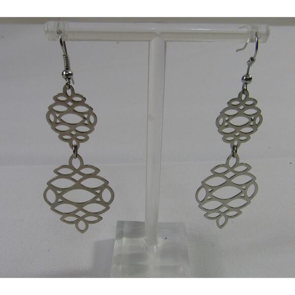 Silver Tone Filigree Drop Earrings 3.5" Classic Boho Cottagecore Dangly Drop - Picture 1 of 4